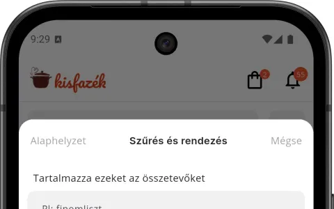 Ingredient, diet, cuisine and difficulty filters in the Kisfazék mobile application