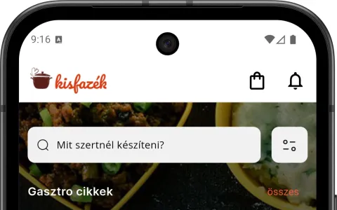 Kisfazék mobile application home screen with recipe and food article recommendations